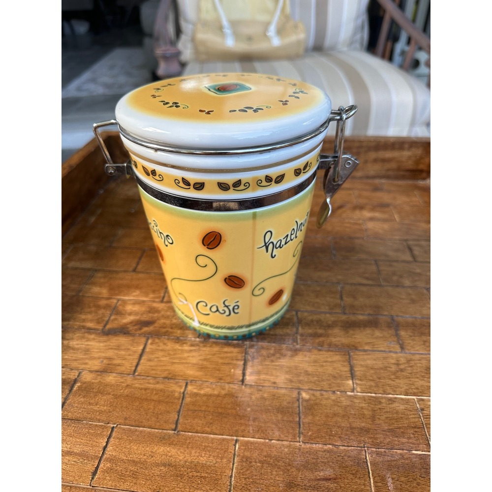 MSC Jocha Ceramic Coffee Canister Yellow Cafe Hazelnut Mocha Airtight Jar 6.5"